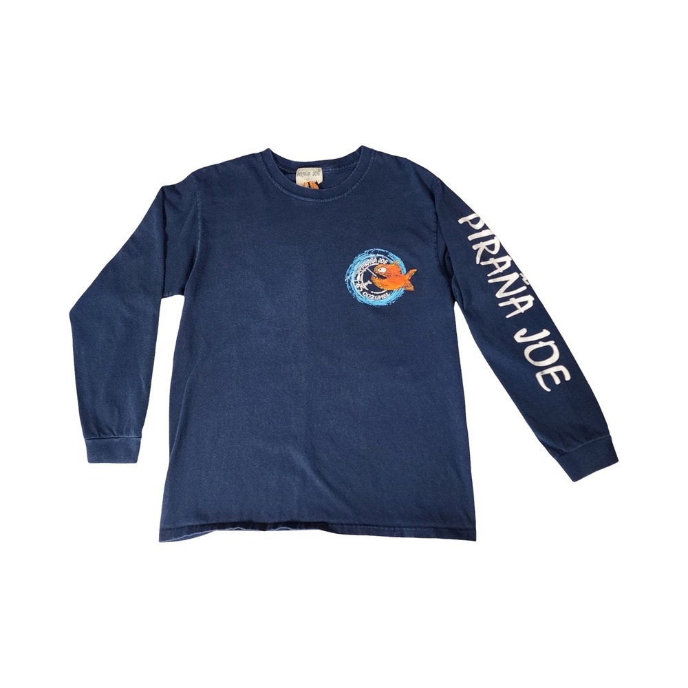 Pirana Joe Cozumel Long Sleeve Graphic T-Shirt Mens Medium‎ Navy Blue Souvenir